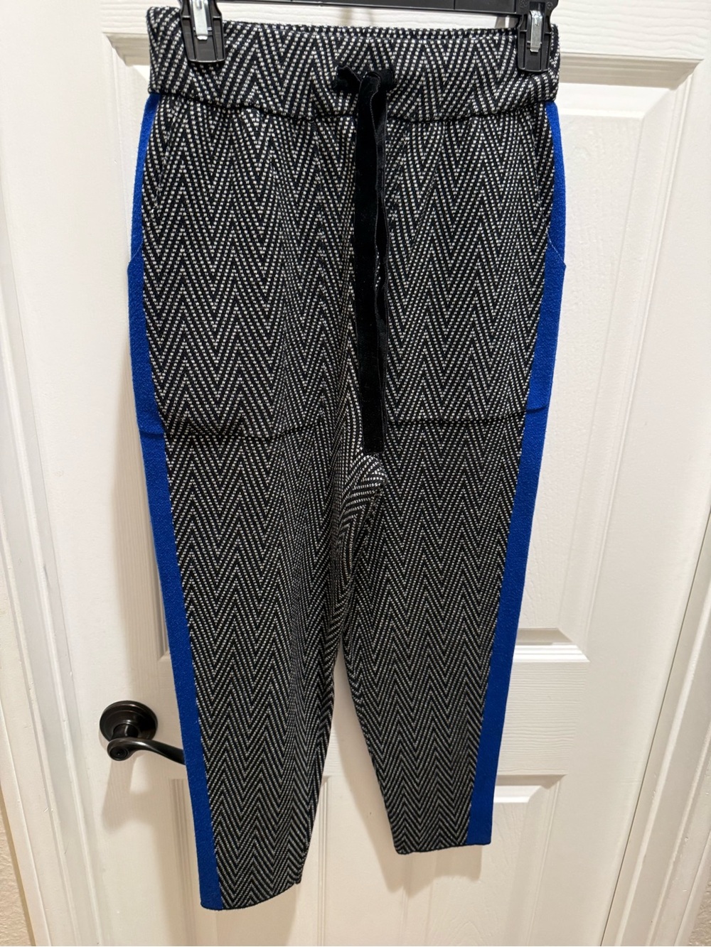 Anthropologie Black-and-White Chevron Knit Pants with Blue Side Stripes